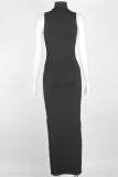 Black Fashion Sexy Solid Hollowed Out Turtleneck Sleeveless Dress