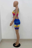 Multicolor Fashion Sexy Print Tie Dye Hollowed Out Strap Design U Neck Sleeveless Two Pieces