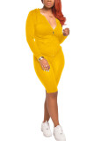 Yellow Polyester Fashion adult Ma'am Sweet Solid Two Piece Suits pencil Long Sleeve Two Pieces