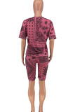 Red Living Print O Neck Long Sleeve Two Pieces