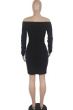 Black Sexy Off The Shoulder Long Sleeves One word collar Pencil Dress Knee-Length Patchwork Soli