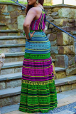Multicolor Bohemian Print Patchwork Halter Lantern Dress Dresses