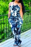 Blue Sexy Casual Print Backless Halter Regular Jumpsuits