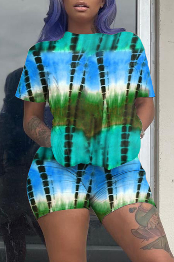 Blue Fashion Casual Tie Dye Printing O Neck Short Sleeve Two Pieces