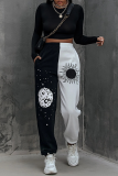 Black Casual Print Patchwork Harlan Mid Waist Harlan Positioning Print Bottoms