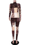 Coffee Casual Print Patchwork O Neck Long Sleeve Two Pieces