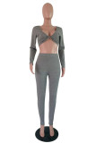 Grey Casual Solid Split Joint V Neck Long Sleeve Two Pieces