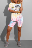 Pink Polyester Casual Letter Print Tie Dye Straight Short Sleeve Two Pieces