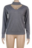 Grey O Neck Long Sleeve Patchwork Solid