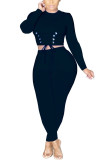 Black Fashion Casual Adult Solid Bandage O Neck Long Sleeve Regular Sleeve Short Two Pieces