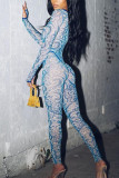 Blue Fashion Sexy Adult Print Patchwork See-through O Neck Long Sleeve Regular Sleeve Regular Two Pieces