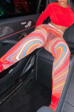 Red Sexy Print See-through Skinny High Waist Pencil Full Print Bottoms