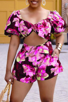 Rose Red Fashion Casual Print Basic Square Collar Short Sleeve Two Pieces