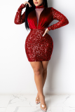 Red Sexy Patchwork Sequins Mesh Turtleneck Wrapped Skirt Dresses