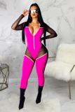 Wine Red Sexy Fashion perspective Patchwork Mesh zipper Polyester Long Sleeve V Neck Jumpsuits