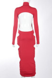 Red Fashion Street Elegant Solid Hollowed Out Patchwork Backless O Neck A Line Dresses