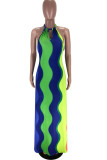 blue and yellow Sexy The lime green blue and yellow Sleeveless Halter Neck A-Line Floor-Length Striped Print Rainbow backless Dresses