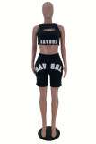 Black Fashion Casual Letter Print Hollowed Out O Neck Sleeveless Three-piece Set