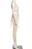 White Fashion Sexy Patchwork Solid See-through Asymmetrical Halter Long Sleeve Two Pieces