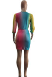 Multi-color Milk. Fashion Casual adult Ma'am Tank 3/4 Length Sleeves O neck Step Skirt Knee-Length Ombre hollow out Dresses