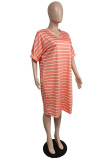 Orange Fashion Casual Plus Size Striped Print Basic V Neck Short Sleeve Dress