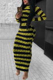 Red Fashion Casual Striped Print Basic O Neck Long Sleeve Dress