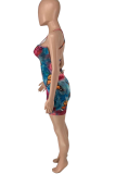 Blue Pink Sexy Print Patchwork Spaghetti Strap Skinny Rompers