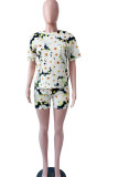 Yellow Fashion Casual adult Ma'am Patchwork Floral Print Two Piece Suits Straight Short Sleeve Two Pieces