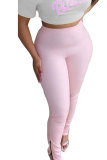 White Pink Light Blue Elastic Fly Sleeveless Mid Patchwork Solid Split Skinny Pants Bottoms
