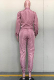 Deep pink Polyester Casual Two Piece Suits contrast color Solid Straight Long Sleeve Two-piece Pants Set