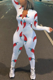 Red Casual Print Patchwork Zipper Collar Skinny Jumpsuits