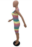 Multicolor Fashion Sexy Striped Print Basic O Neck Sleeveless Dress