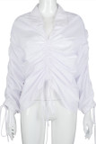 White Fashion Casual Solid Patchwork Frenulum Fold Turndown Collar Mid Waist Tops