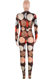 Coffee Fashion Daily Adult Print O Neck Skinny Jumpsuits
