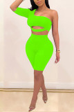 Fluorescent green Polyester Fashion Sexy adult Patchwork Solid backless Two Piece Suits pencil Half Sleeve Two Pieces