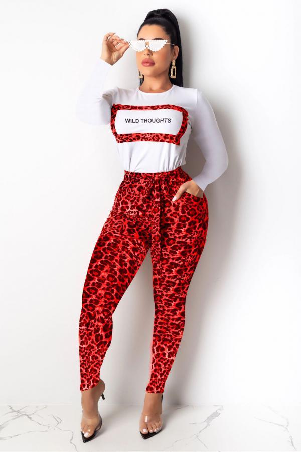 Red Polyester Fashion adult Street Letter Leopard Print Two Piece Suits pencil Long Sleeve Two-piece Pa