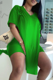 Pink Fashion Casual Solid Slit V Neck Short Sleeve Two Pieces