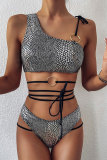 Green Nylon Patchwork Print crop top bandage backless Two Piece Suits Fashion Sexy adult Swimwears