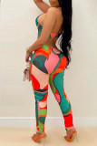 Red Fashion Sexy Print Hollowed Out Backless Oblique Collar Skinny Jumpsuits