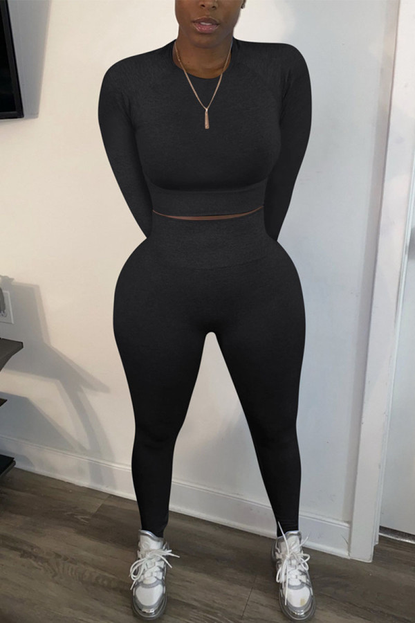 Black Sexy Solid Patchwork O Neck Long Sleeve Two Pieces