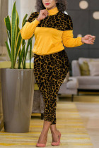 Yellow Fashion Casual Patchwork Print Leopard Zipper Collar Long Sleeve Two Pieces