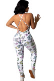 White Sexy Fashion Print Backless Milk. Sleeveless O Neck Jumpsuits