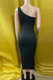 Black Sexy Casual Solid Backless Slit One Shoulder Sleeveless Dress
