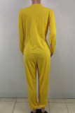 Yellow street Solid Patchwork Polyester Long Sleeve V Neck Jumpsuits