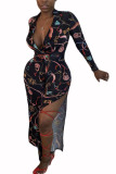 Black Fashion Adult Elegant Print Slit V Neck Loose Jumpsuits
