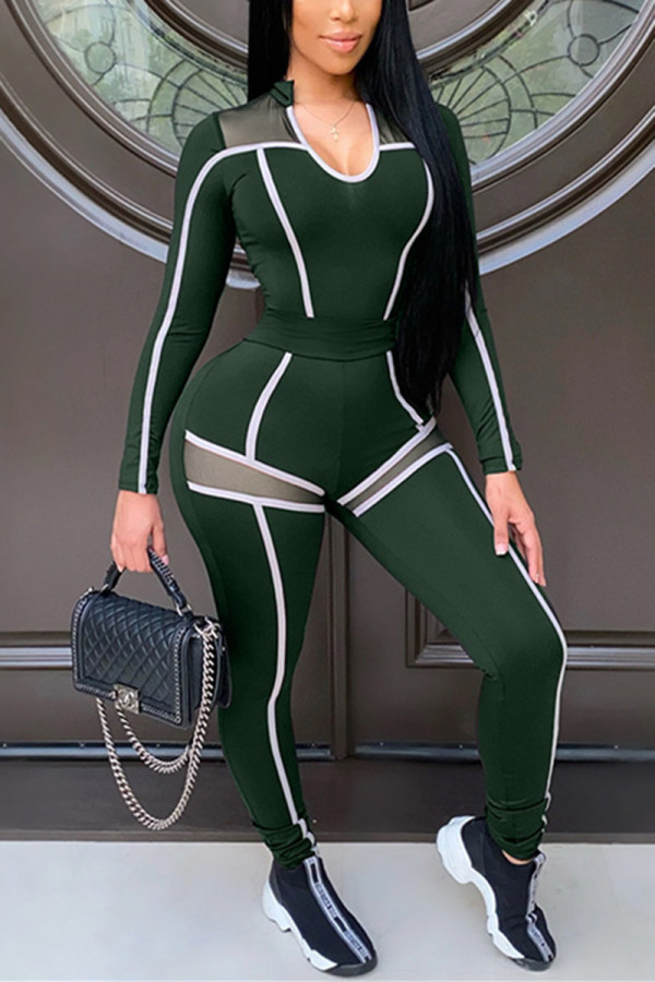 Green Casual Sportswear Patchwork See-through U Neck Long Sleeve Two Pieces
