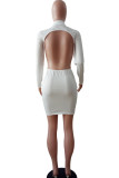White Sexy Cap Sleeve Long Sleeves Turndown Collar Step Skirt Knee-Length asymmetrical hollow ou
