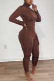 Wine Red Sportswear Solid Slit Turtleneck Long Sleeve Two Pieces
