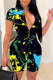 Black Sexy Patchwork Tie-dye Mandarin Collar Skinny Rompers