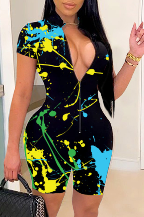 Black Yellow Sexy Patchwork Tie-dye Mandarin Collar Skinny Rompers